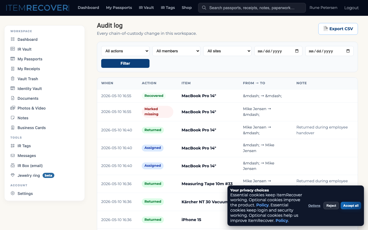 Audit log showing item scan events and finder contact flow