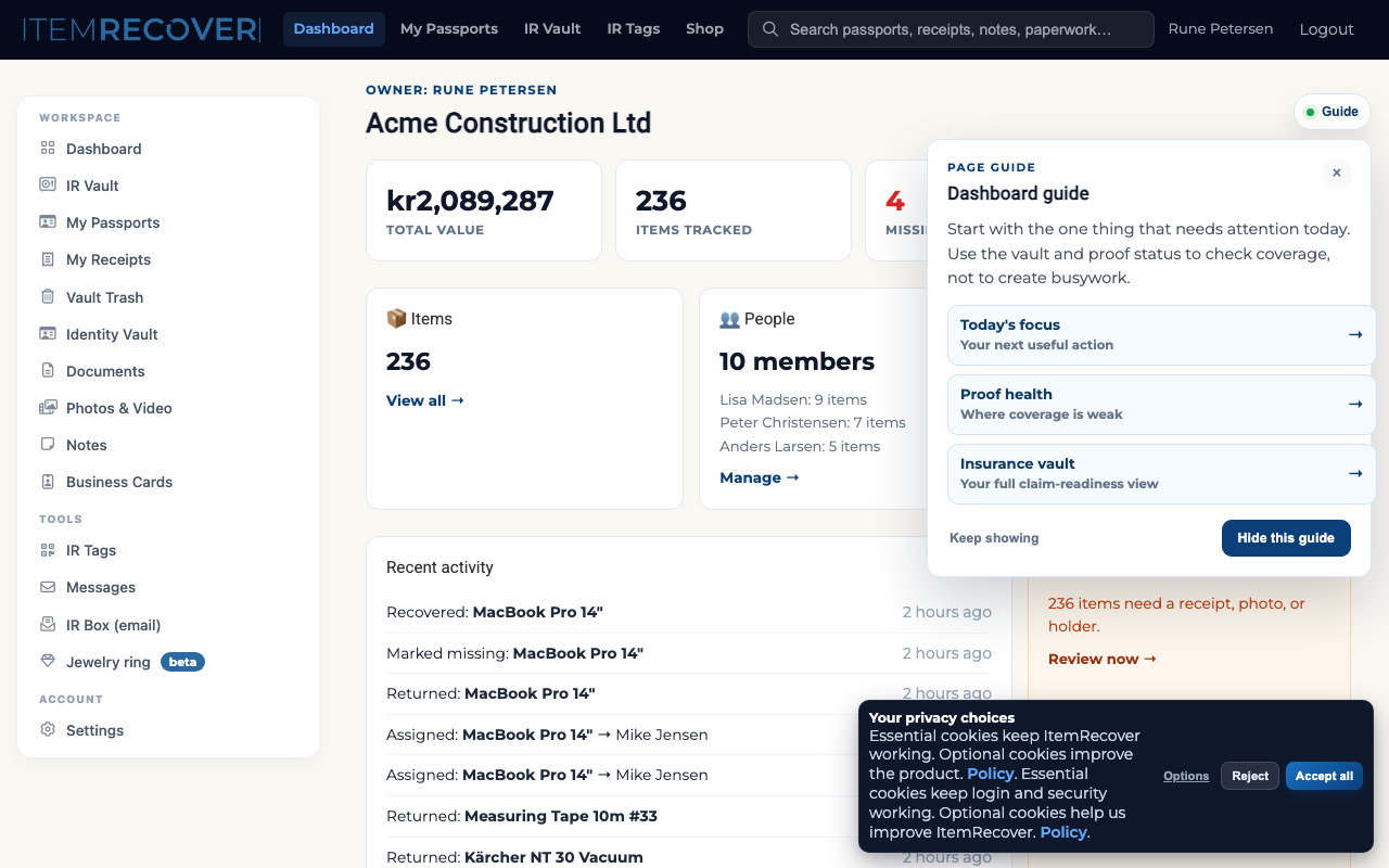 ItemRecover owner dashboard showing 127 items, €847K total value, 4 missing items and team overview