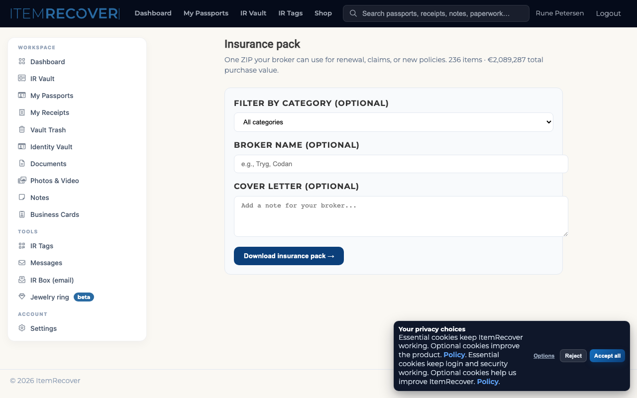 Insurance pack export showing photo, serial, purchase date, value and current holder for every item