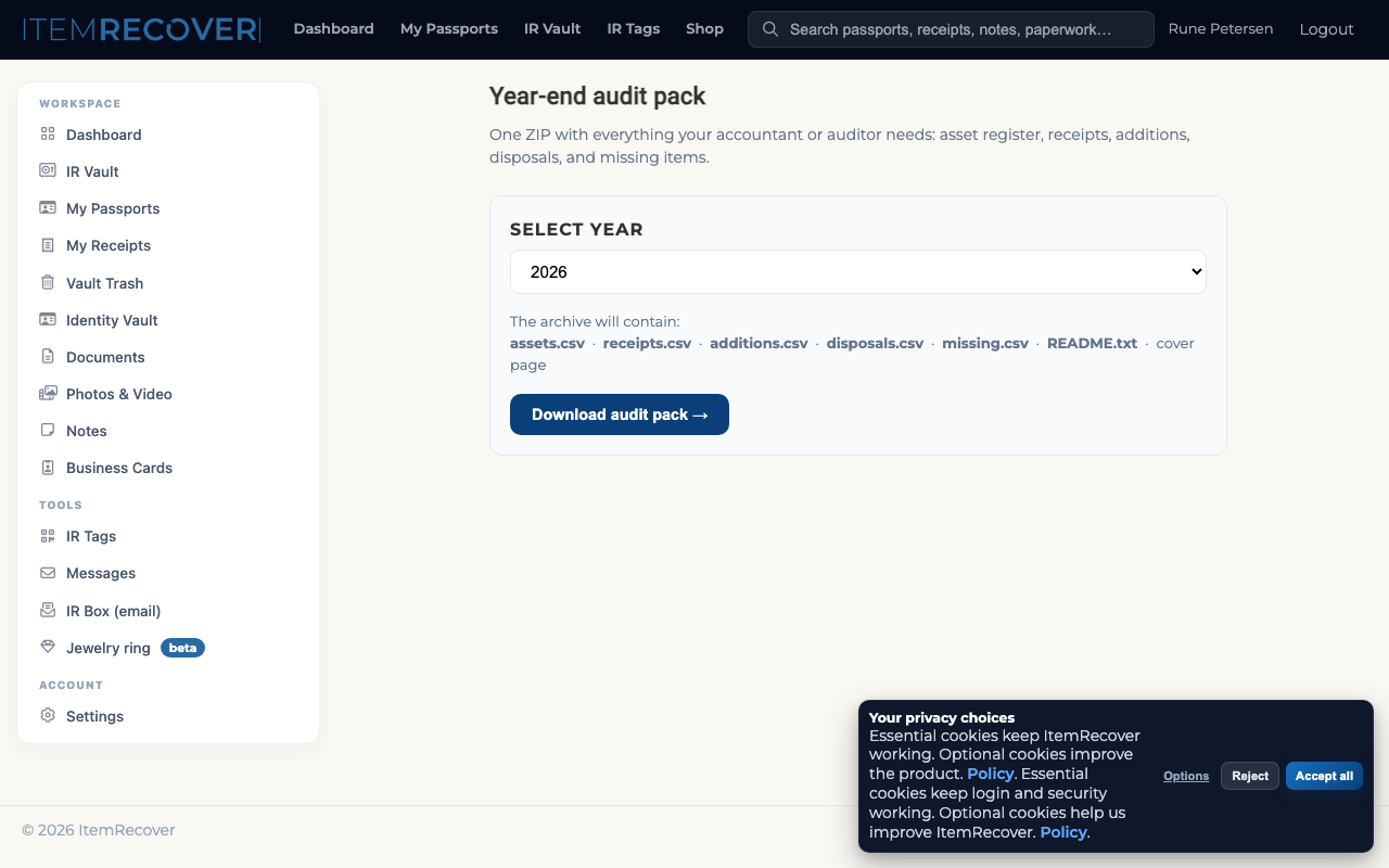 Year-end audit export form showing 127 items, receipts, and depreciation schedule